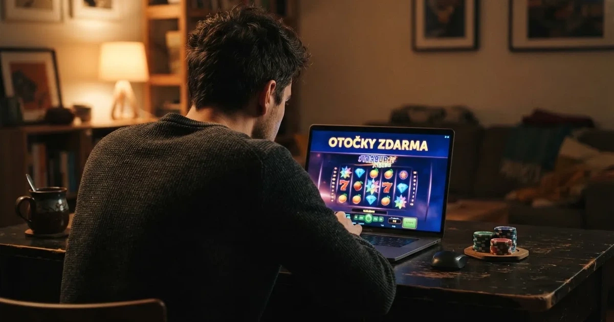 Hráč u online automatu s nabídkou otoček zdarma zobrazenou na obrazovce českého casina