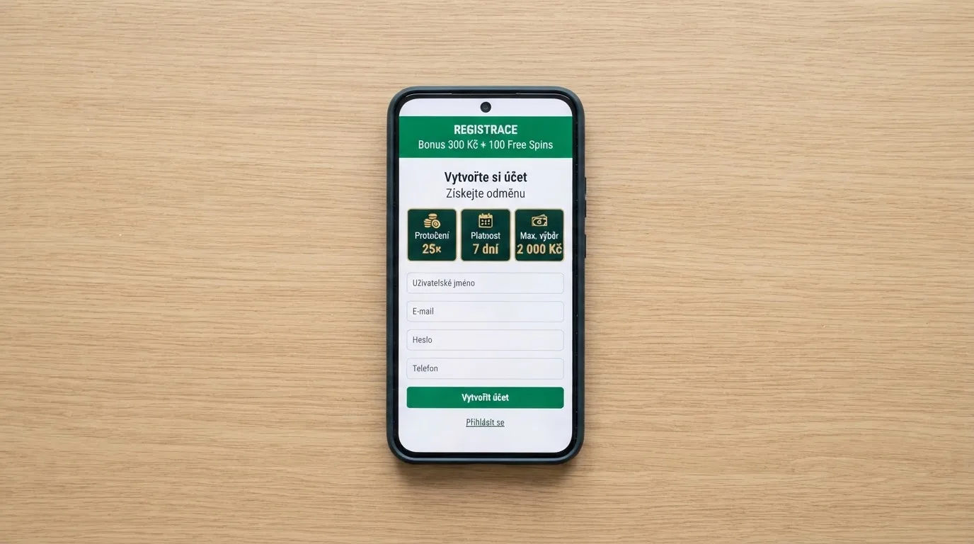 Registrační formulář českého online casina s detailem na podmínky bonusu bez vkladu — zvýrazněné protočení, platnost a maximální výběr.