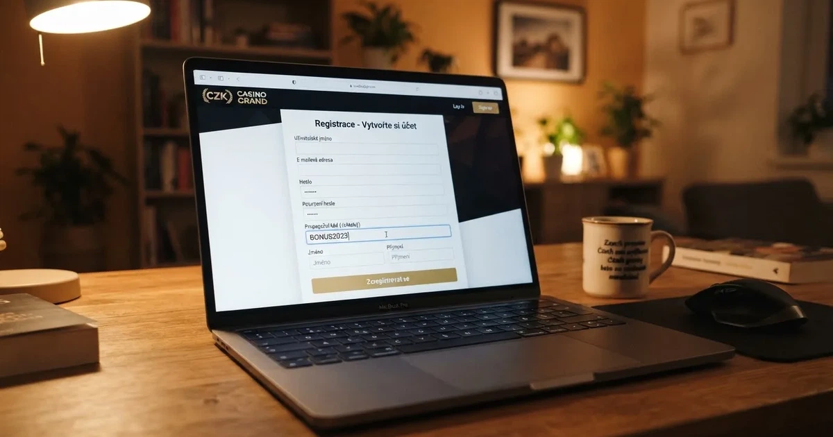 Pole pro zadání promo kódu v registračním formuláři online casina na obrazovce počítače