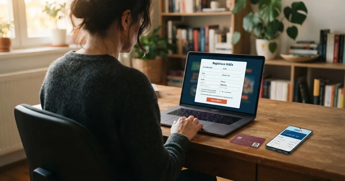 Hráč u notebooku s otevřenou registrační stránkou českého online casina, na stole občanský průkaz a mobil s aplikací bankovnictví