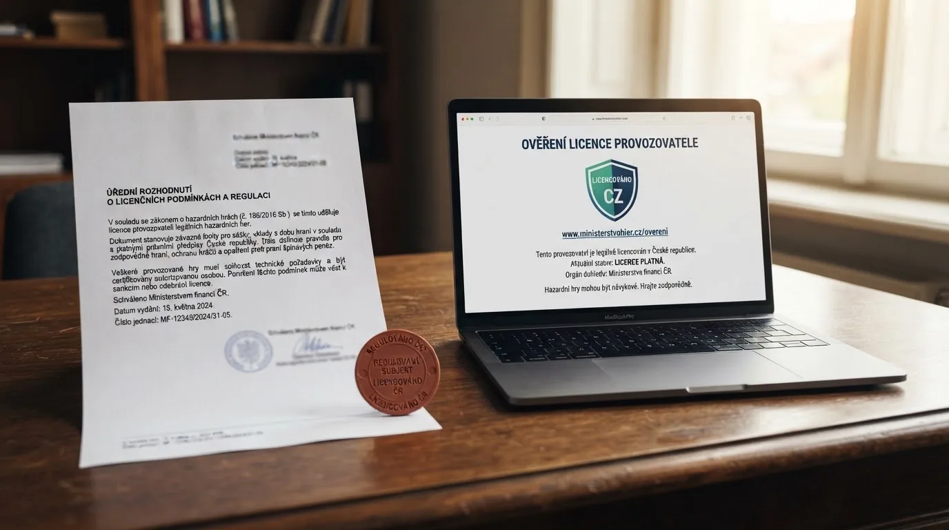 Oficiální dokument Ministerstva financí ČR vedle loga licencovaného online casina s českou doménou