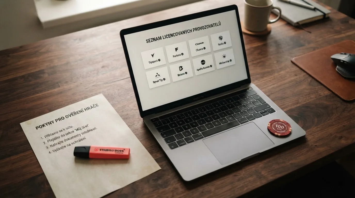 Úřední dokument s razítkem Ministerstva financí ČR vedle obrazovky s logy licencovaných online casin