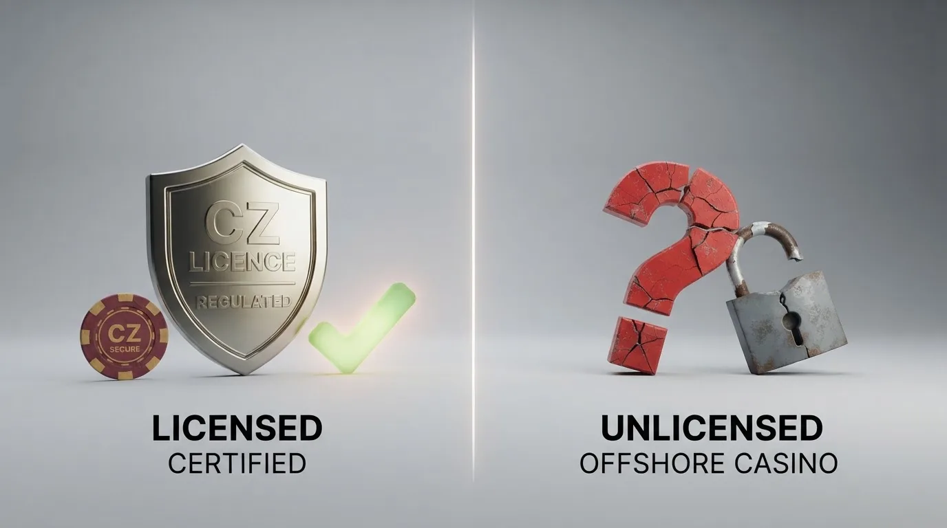 Rozcestník: vlevo logo MF ČR a symboly ochrany (štít, limity sázek, linka pomoci), vpravo varovné symboly u offshore casina (otazník, žádný dohled, riziko blokace)