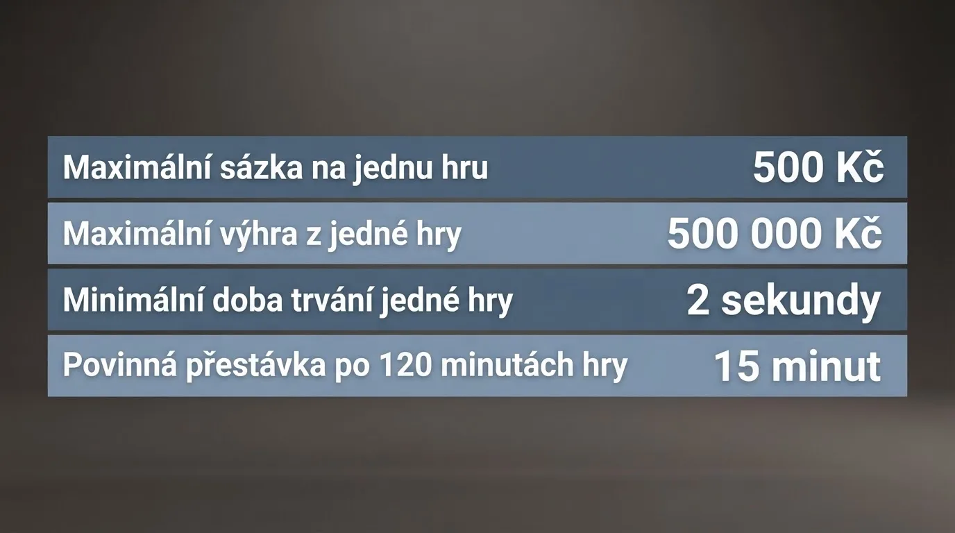 Tabulka zákonných limitů pro online automaty — maximální sázka, výhra, doba zatočení a povinná přestávka
