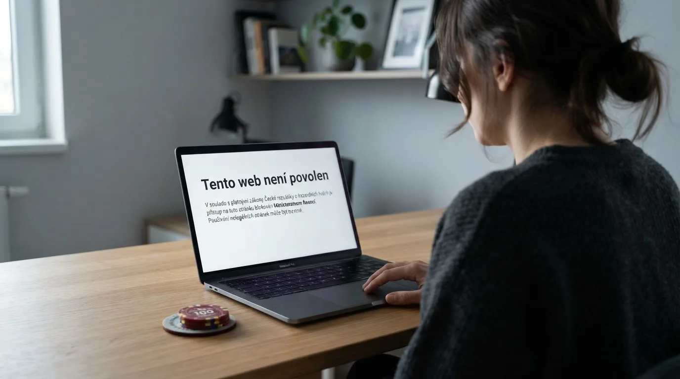 Úřední dokument s hlavičkou Ministerstva financí ČR a razítkem vedle obrazovky s varovným nápisem „Tento web není povolen“ na pozadí