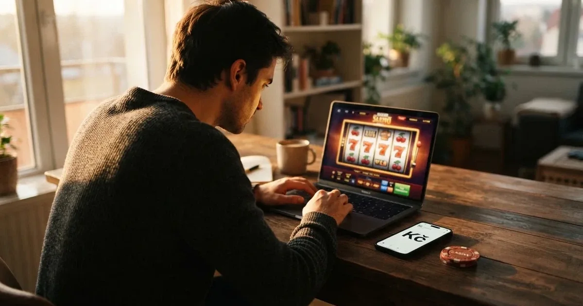 Hráč u stolu s notebookem, na obrazovce online kasino s češtinou a kurzovým lístkem, vedle leží platební karta a mobil