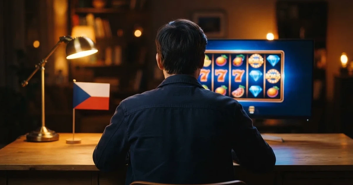 Hráč u obrazovky s českou vlajkou na stole, na monitoru nápis „zahraniční casino“ a otazník — symbol volby mezi licencovaným a offshore světem