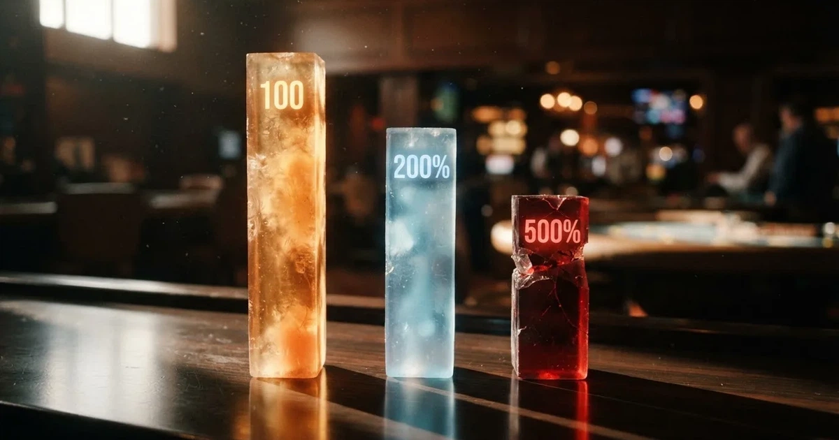 Tři sloupce znázorňující reálnou hodnotu 100%, 200% a 500% bonusu po započtení podmínek protočení — nejvyšší sloupec u 100% bonusu s férovým protočením, nižší u 200% s přísnějšími podmínkami, nejnižší u 500% offshore nabídky