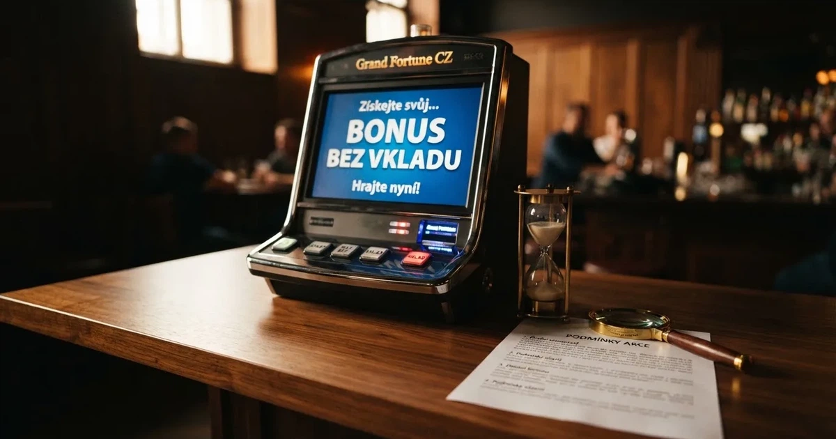 Herní automat s nápisem „Bonus bez vkladu“ na displeji, vedle něj tikající hodiny a lupa nad textem podmínek – scéna na světlém pozadí