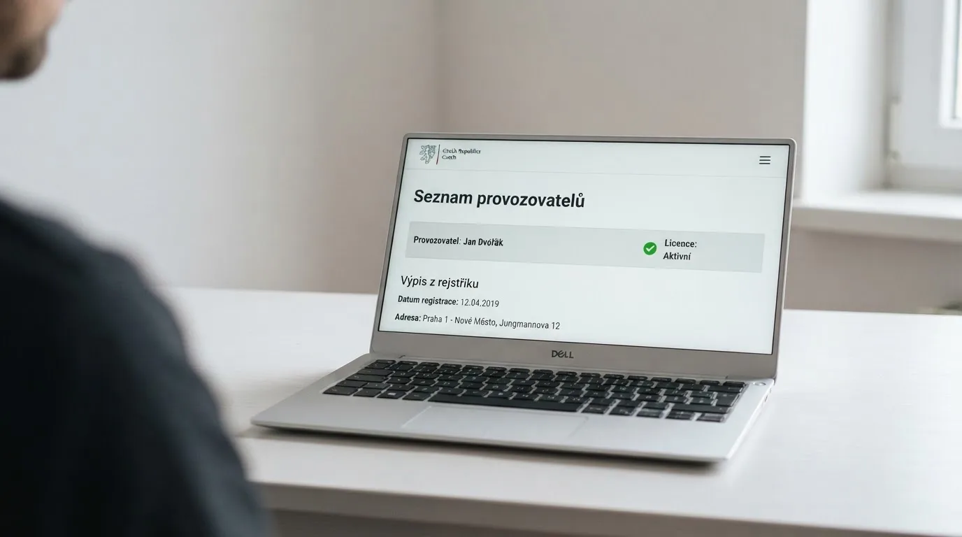 Obrazovka s veřejným registrem Ministerstva financí ČR — Seznam provozovatelů hazardních her — s detailem licenčních údajů.