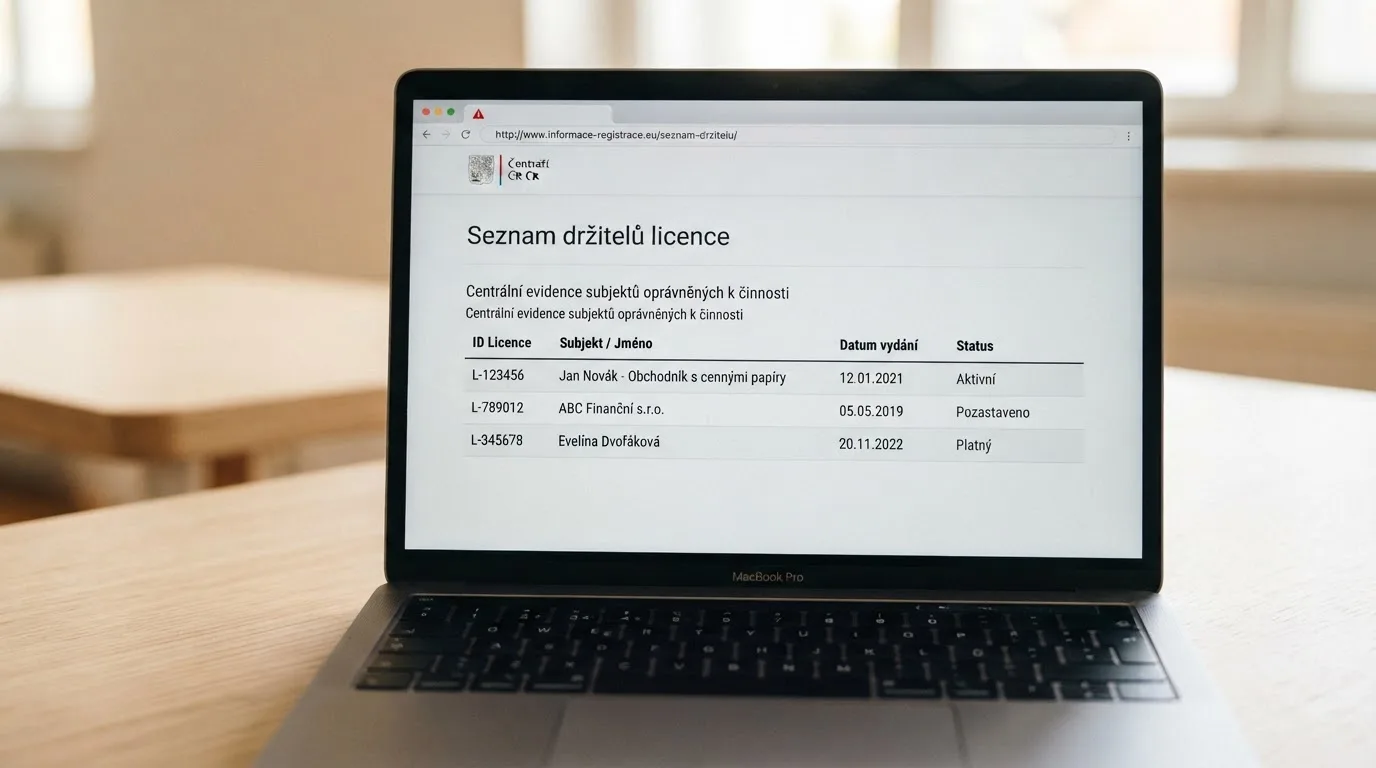 Detail obrazovky s webem MF ČR a otevřeným seznamem držitelů licence, vedle výstražný symbol nad doménou bez .cz