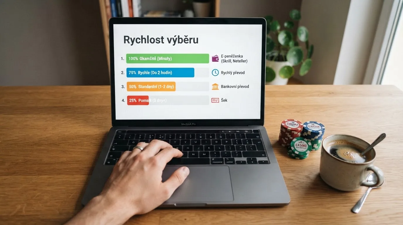 Srovnávací tabulka deseti českých online casin s licencí MF ČR, seřazená podle rychlosti výběru výher