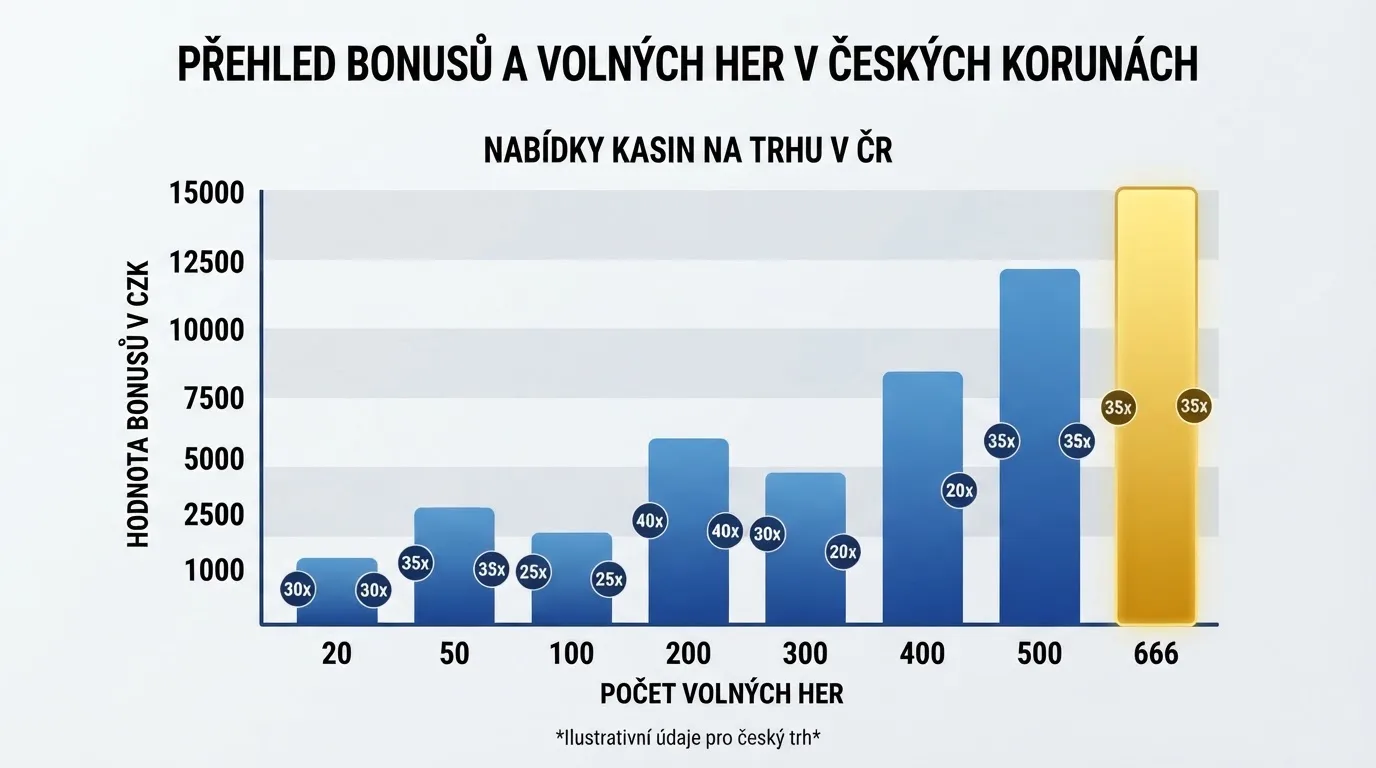Tabulka porovnávající bonusy bez vkladu, počty volných zatočení a podmínky protočení napříč deseti českými online casiny