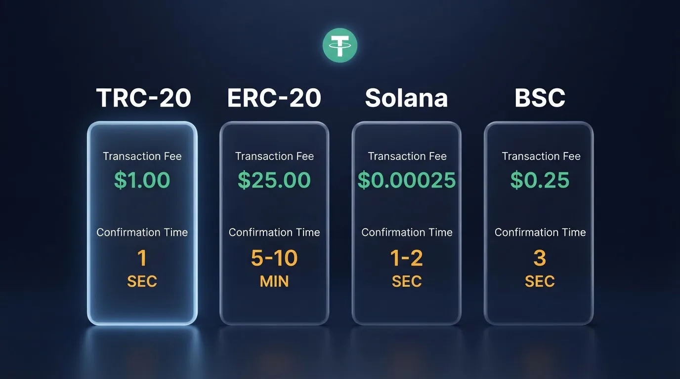 Srovnání čtyř blockchainových sítí (TRC-20, ERC-20, Solana, BSC) s poplatky a časy potvrzení pro převod USDT