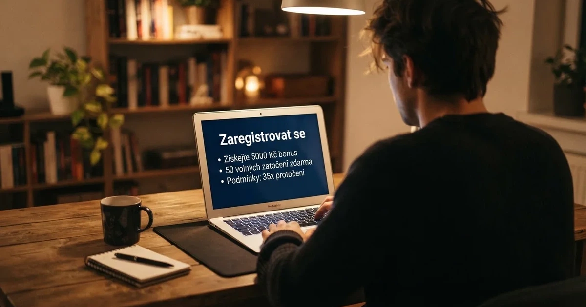 Hráč u počítače si prohlíží nabídku free spinů bez vkladu na obrazovce s viditelným tlačítkem „Zaregistrovat se“ a podmínkami bonusu