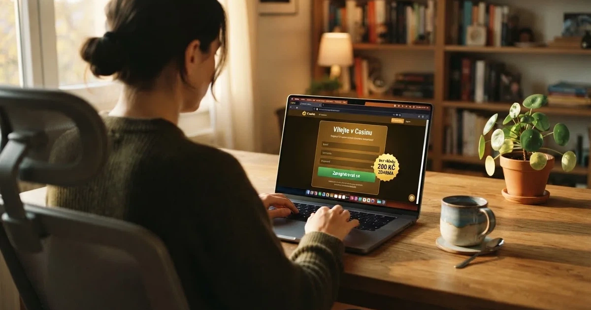Hráč u notebooku si prohlíží nabídku registračního bonusu v online casinu, na obrazovce je vidět tlačítko „Zaregistrovat se“ a zvýrazněná podmínka „bez vkladu“